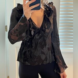 Etcetera ruffled brown silky long sleeve wrap top - 6